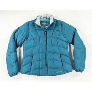 Eddie Bauer 650 Down Puffer Jacket Womens M Medium Teal Blue Quilted Full Zip
